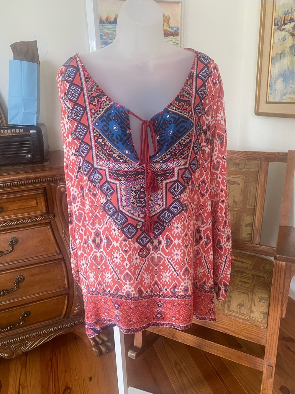 Tolani Coral Red Printed V‑Neck Tunic with Blue Yoke